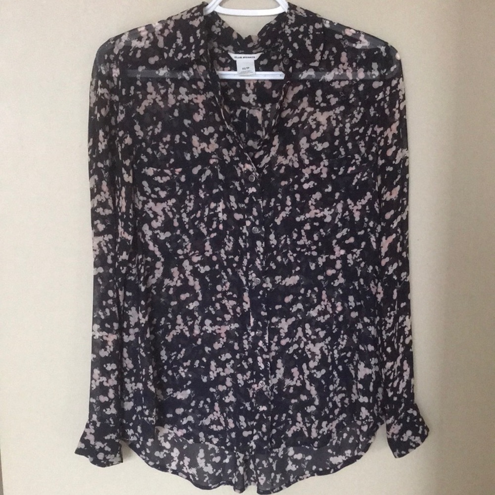 Club Monaco Black and Light Pink Printed Sheer Blouse